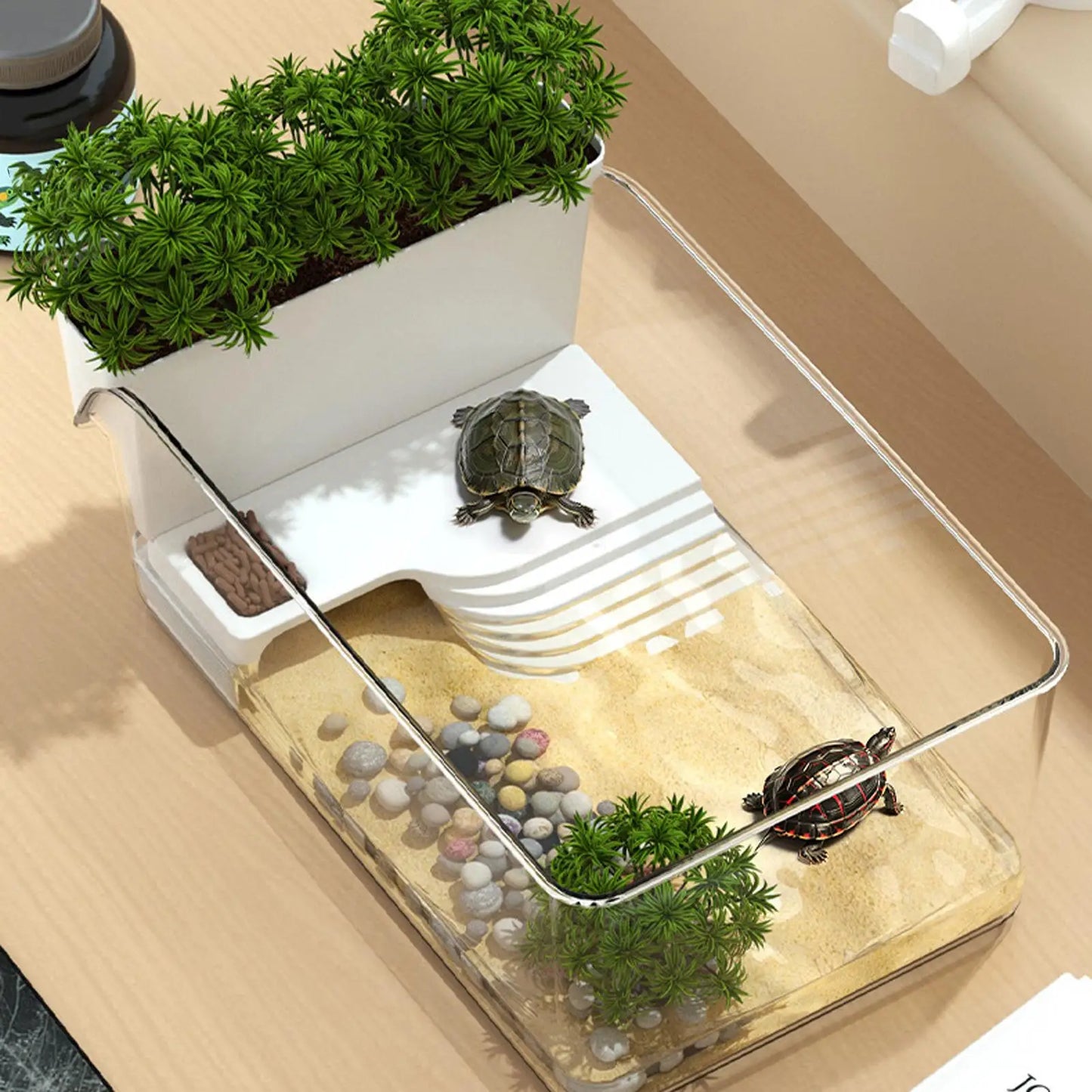 Turtle Tank with Basking Area — Transparent Reptile Terrarium Habitat for Pet Turtles, Hermit Crabs & Tortoise Adoption