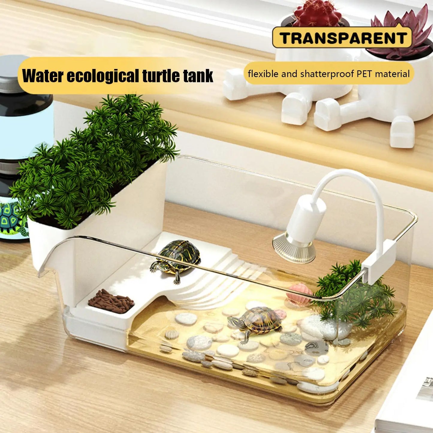 Turtle Tank with Basking Area — Transparent Reptile Terrarium Habitat for Pet Turtles, Hermit Crabs & Tortoise Adoption