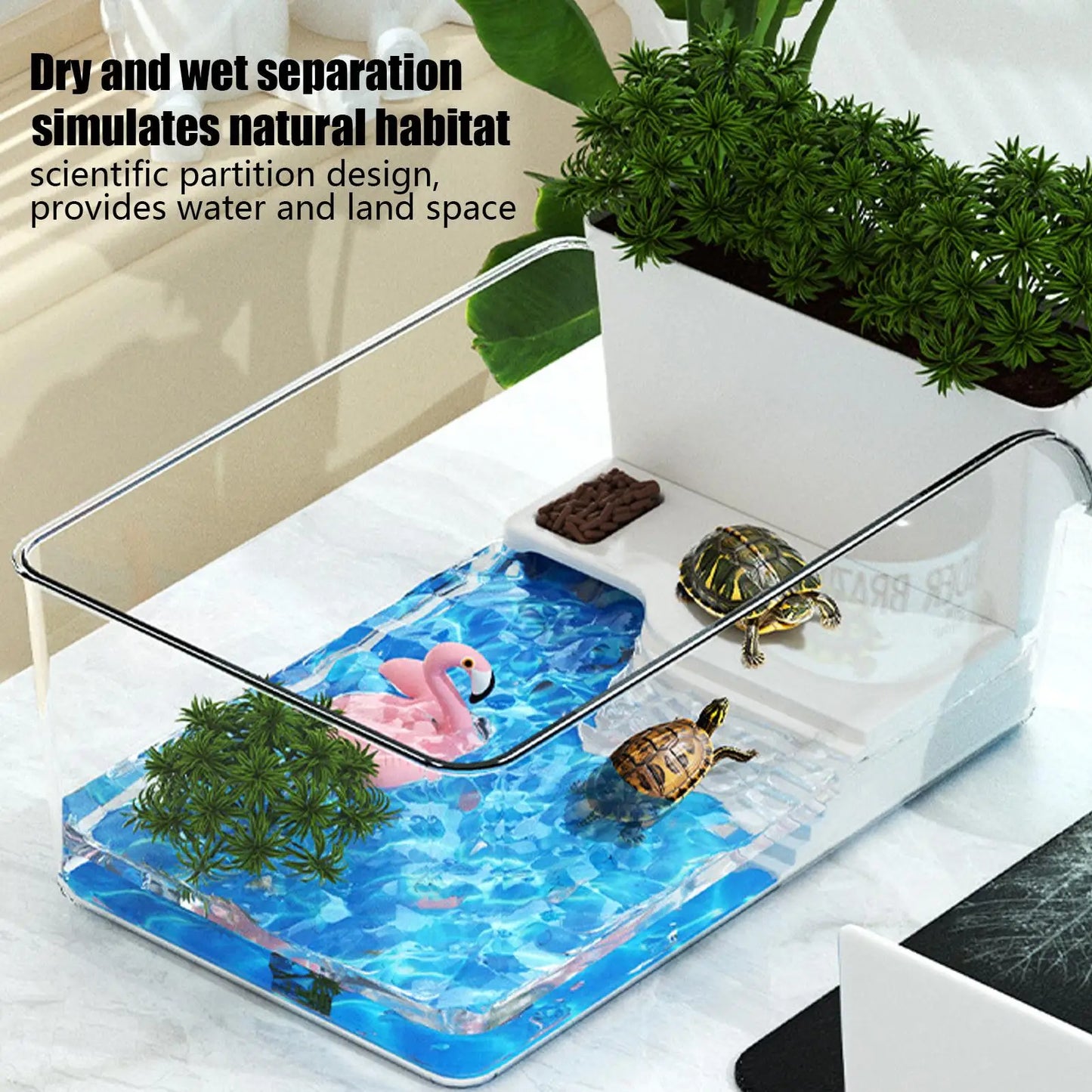 Turtle Tank with Basking Area — Transparent Reptile Terrarium Habitat for Pet Turtles, Hermit Crabs & Tortoise Adoption