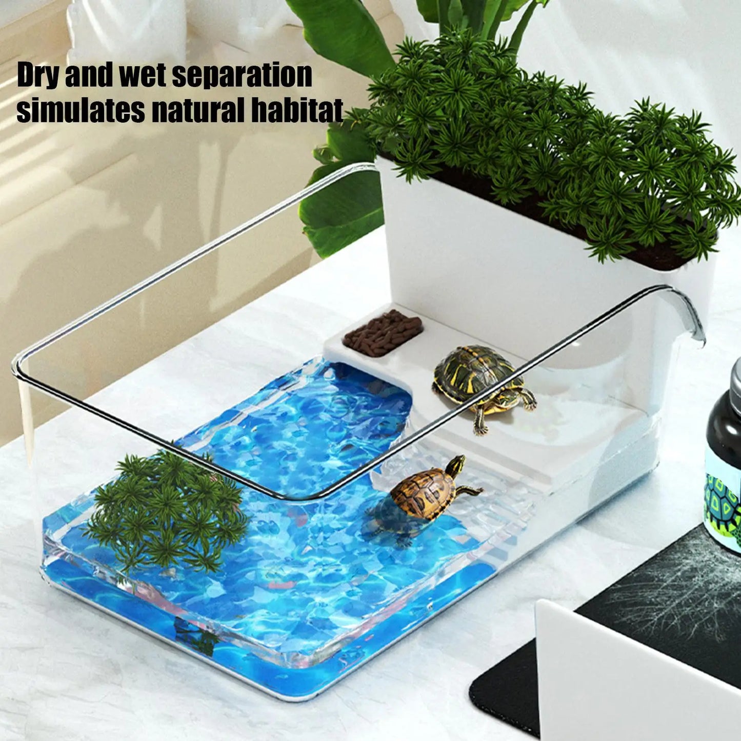 Turtle Tank with Basking Area — Transparent Reptile Terrarium Habitat for Pet Turtles, Hermit Crabs & Tortoise Adoption