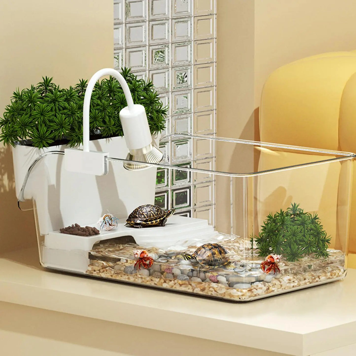 Turtle Tank with Basking Area — Transparent Reptile Terrarium Habitat for Pet Turtles, Hermit Crabs & Tortoise Adoption
