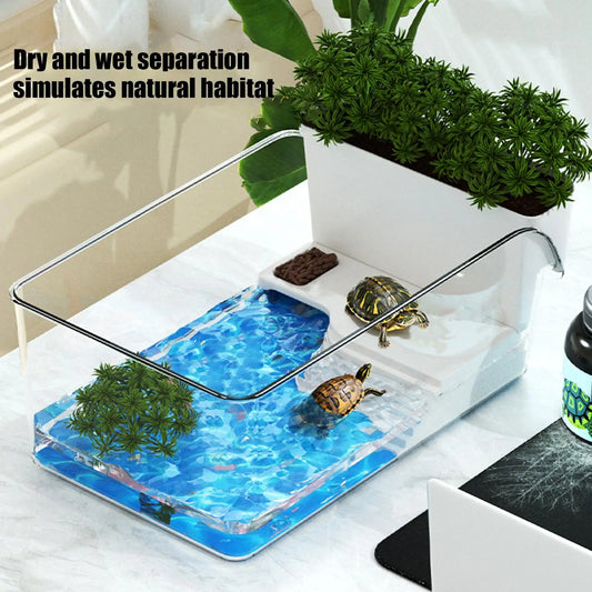 Turtle Tank with Basking Area — Transparent Reptile Terrarium Habitat for Pet Turtles, Hermit Crabs & Tortoise Adoption