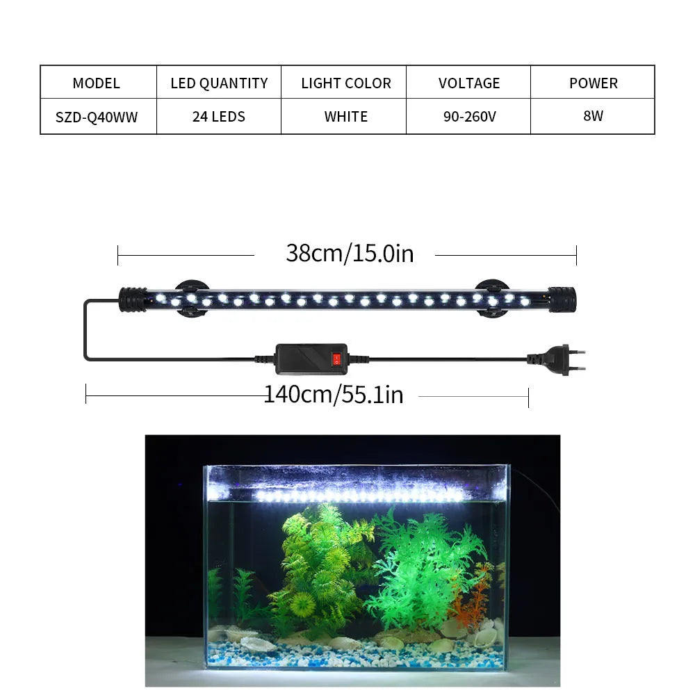 LED Aquarium Light — Waterproof Fish Tank Clip Light & Underwater Plant Grow Lamp (18-58cm)