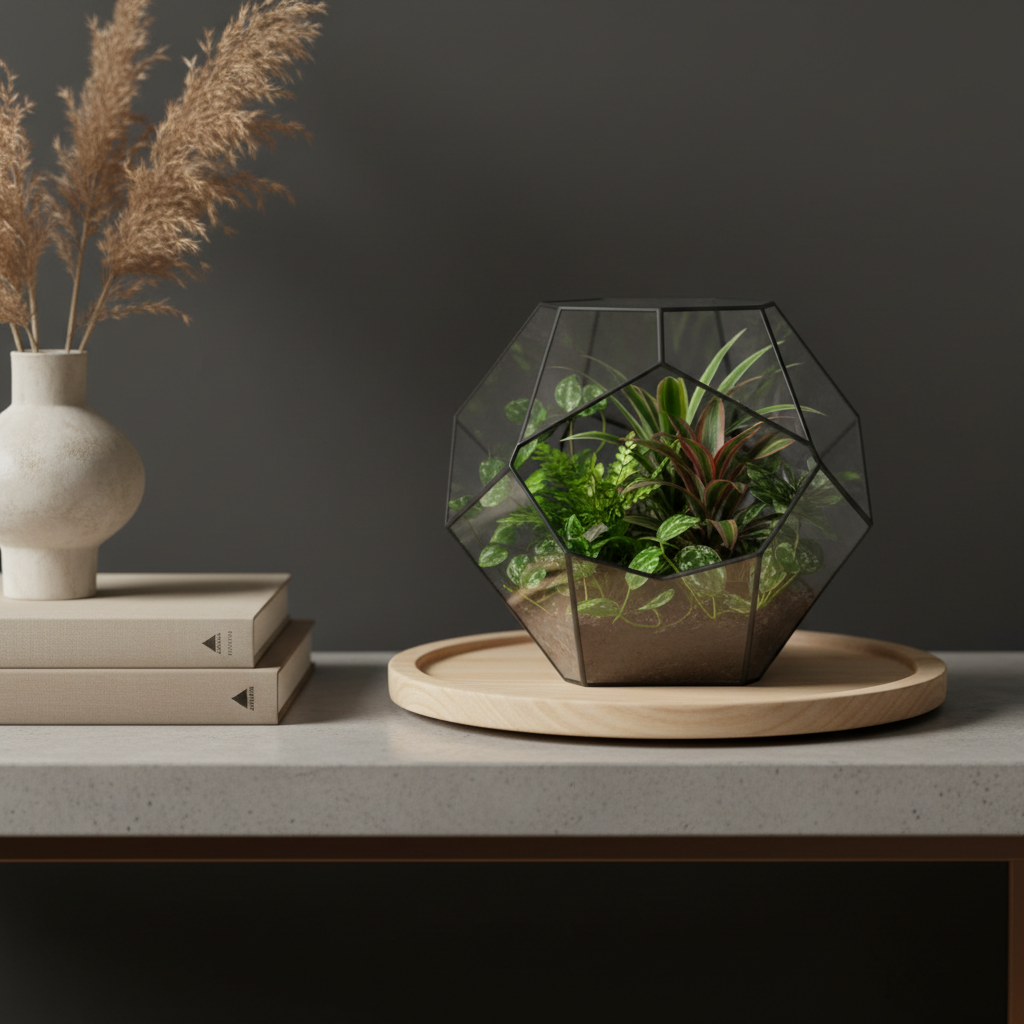 Modern Glass Plant Terrarium with Wooden Tray — Hydroponic Vase for Indoor Propagation Station & Office Decor