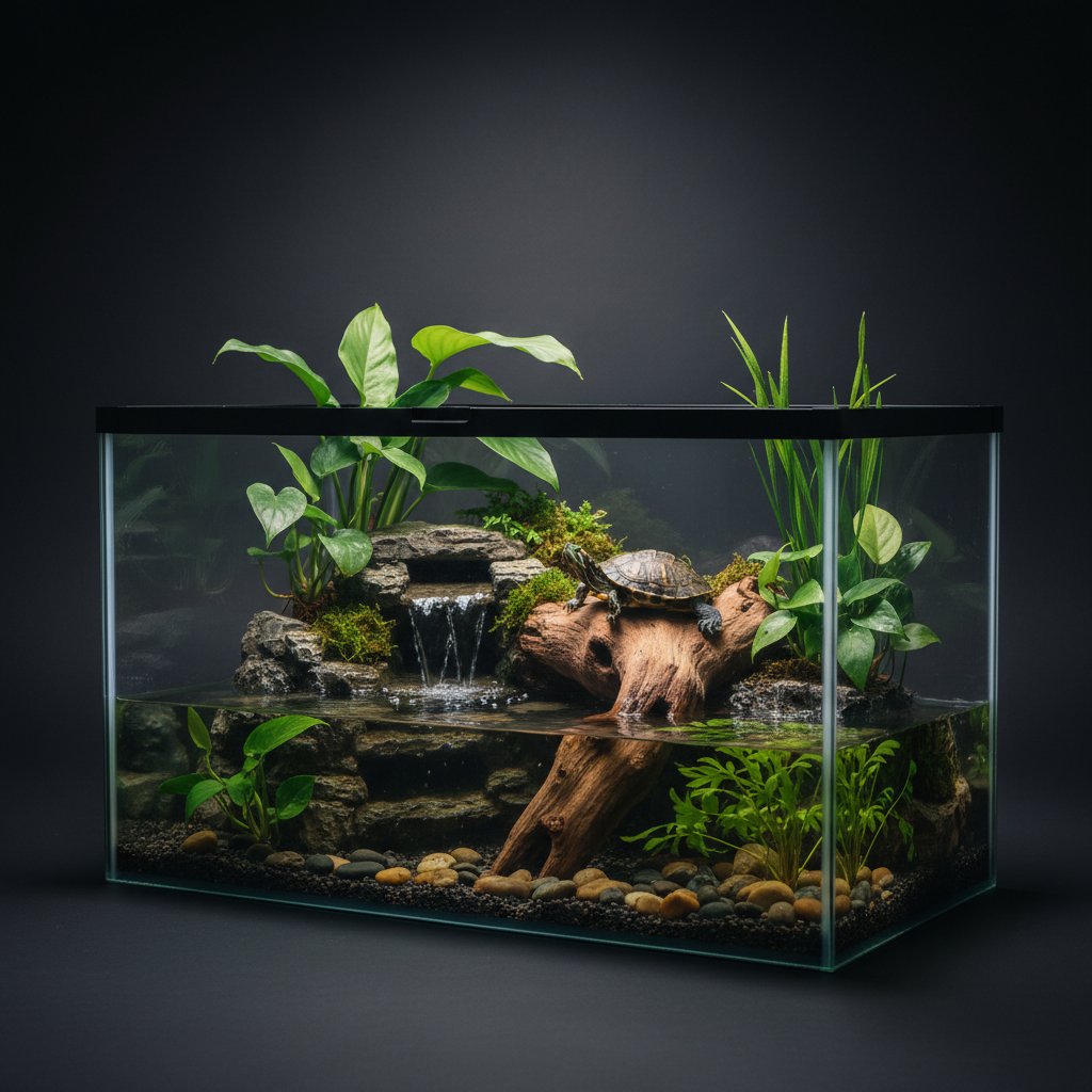 Turtle Tank with Basking Area — Transparent Reptile Terrarium Habitat for Pet Turtles, Hermit Crabs & Tortoise Adoption